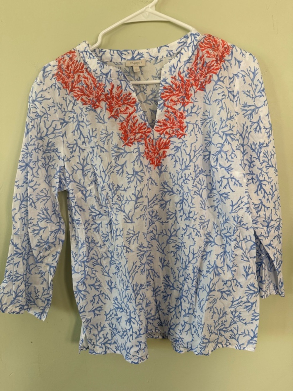 Talbots White Tunic with Blue Coral Print and Coral Embroidery